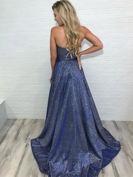 Shining A-line Prom Dresses With Slit Spaghetti Straps Evening Gowns VK0105004