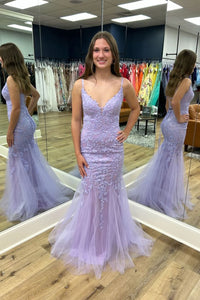 Lilac Tulle Lace V Neck Mermaid Long Prom Dresses VK23112304