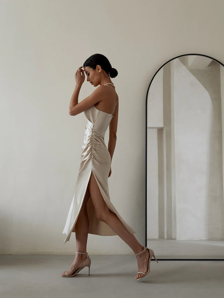 Sheath V Neck Champagne Silk Satin Evening Dress with Slit, Bridesmaid Dresses VK22072704
