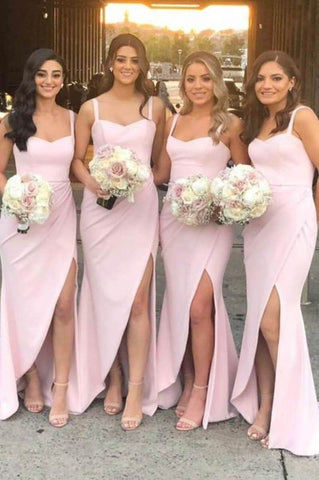 Pretty Sheath Sweetheart Pink Satin Split Long Bridesmaid Dresses VK0123007