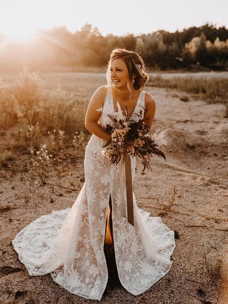 Amazing V-Neck Lace Appliuqed Slit Wedding Dresses Mermaid Backless Bridal Gowns VK0216002
