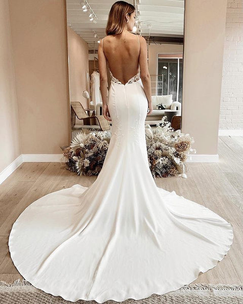 Free Shipping Elegant Simple Mermaid V Neck Straps White Satin with Appliques VK22031503