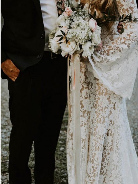 Mermaid V-Neck Bell Sleeves Sweep Train Lace Wedding Dresses VK0530001