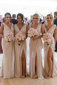 Sheath V Neck Open Back Champagne Chiffon Long Bridesmaid Dresses with Split VK0116035