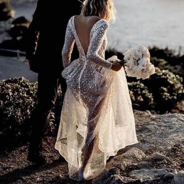 Sparkly A Line V Neck See-Through Sequins Wedding Dress with Long Sleeves VK22051601