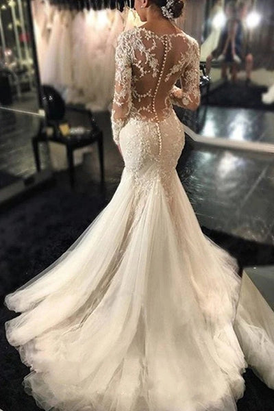 Gorgeous Long Sleeves Mermaid V-neck Wedding Gown,Ivory Bridal Dress With Lace Appliques VK0302007