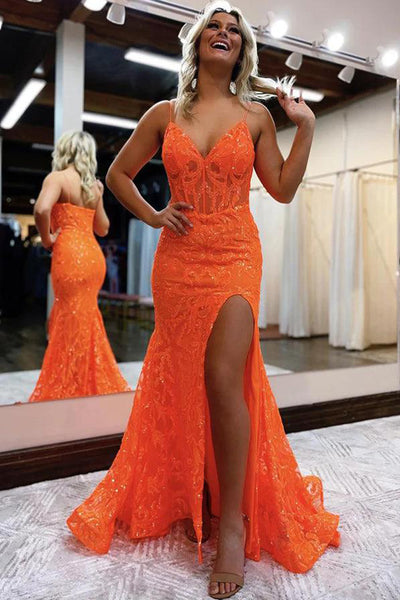 Cute Navy Blue V Neck Sequins Lace Mermaid Long Prom Dresses with Slit VK24031201