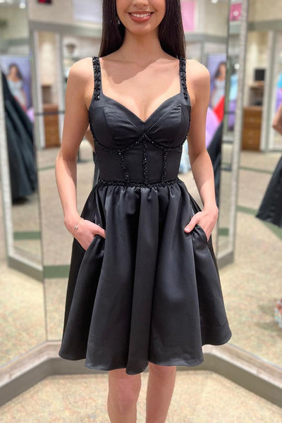 Cute A Line Sweetheart Black Satin Short Homecoming Dress with Beading VK23061404
