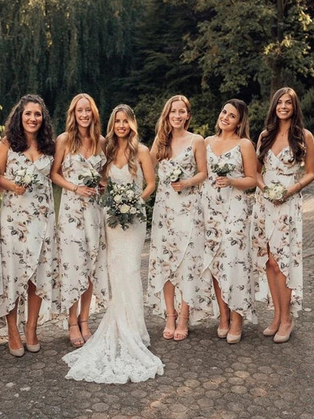 Simple Chiffon V-neck A-line Floral Printed Bridesmaid Dresses With Slit VK0321006