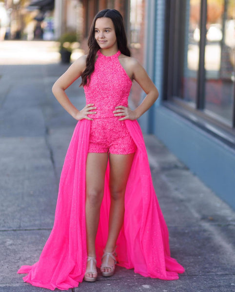 Cute Two Piece Halter Neck Hot Pink Sequins Junior Pom Dresses VK23010904