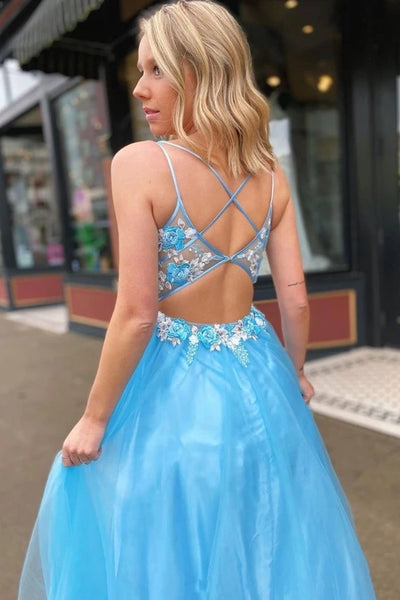 Chic A-Line V Neck Cross Back Blue Tulle Long Prom Evening Dresses with Appliques VK0125008