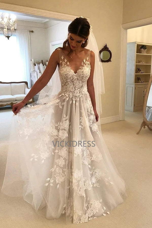 Elegant Lace Wedding Dresses V Neck Backless With Applique Bridal Dresses VK0401003