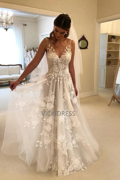 Elegant Lace Wedding Dresses V Neck Backless With Applique Bridal Dresses VK0401003