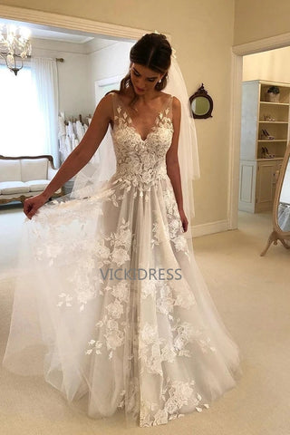 Elegant Lace Wedding Dresses V Neck Backless With Applique Bridal Dresses VK0401003