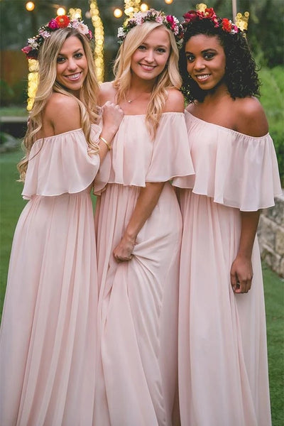 Off-the-shoulder Pastel Pink Ruffles Long Chiffon Bridesmaid Gowns,Floor-length Prom Dresses VK0116039