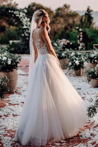 Marvelous Tulle V-neck A-line Wedding Dresses With Appliques Bridal Gowns VK0311004