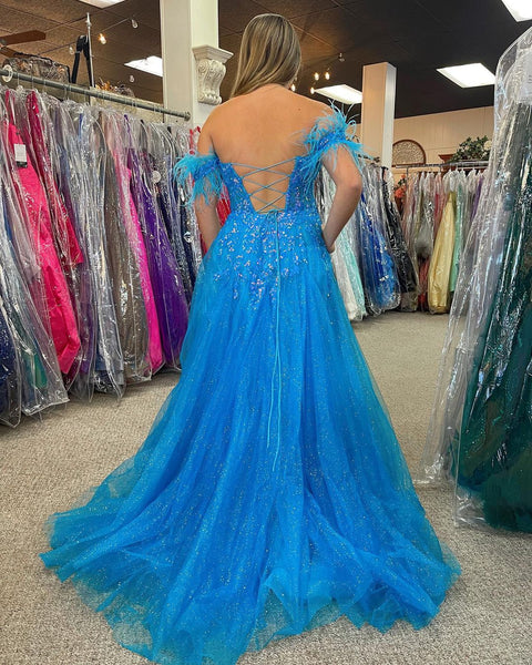 Cute A Line Sweetheart Sparkly Tulle Blue Prom Dresses with Lace VK121305