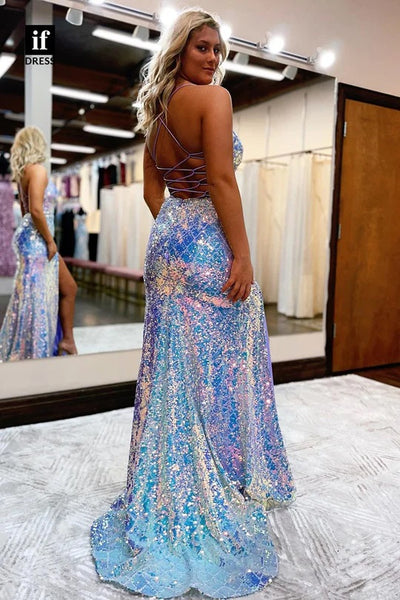 Charming Mermaid V Neck Light Blue Sequins Long Prom Dresses with Slit VK23012304