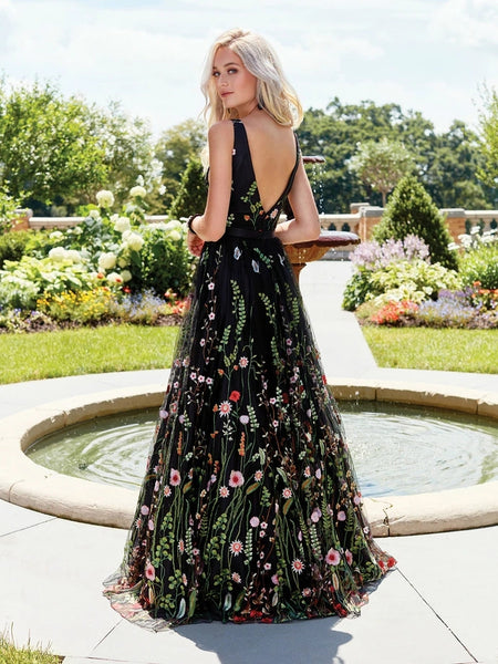 Free Shipping A-Line V-neck Lace Prom Dresses Long Floral Formal Gowns VK0105007