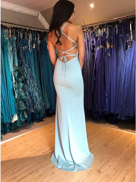Mermaid Spaghetti Straps Sweep Train Light Blue Prom Dress with Split VK0213009