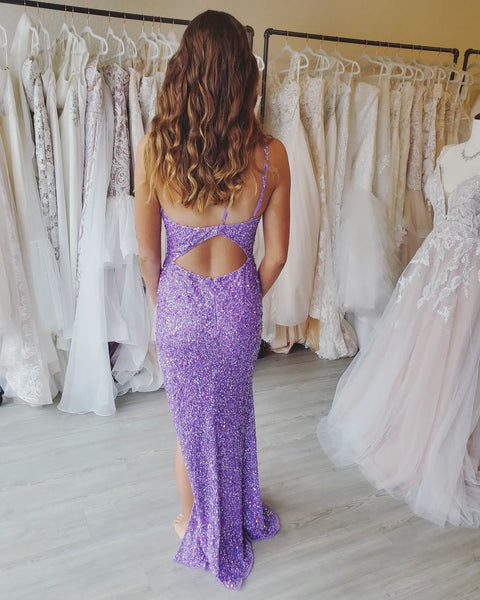 Cute Mermaid One Shoulder Light Purple Long Prom Dresses with Slit VK23011905