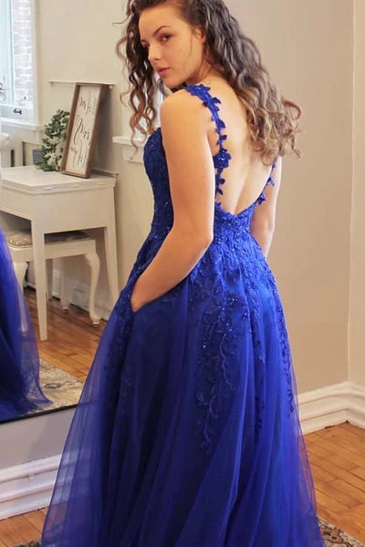 Princess V Neck Dark Blue Long Prom Dress with Lace Appliques VK0325004
