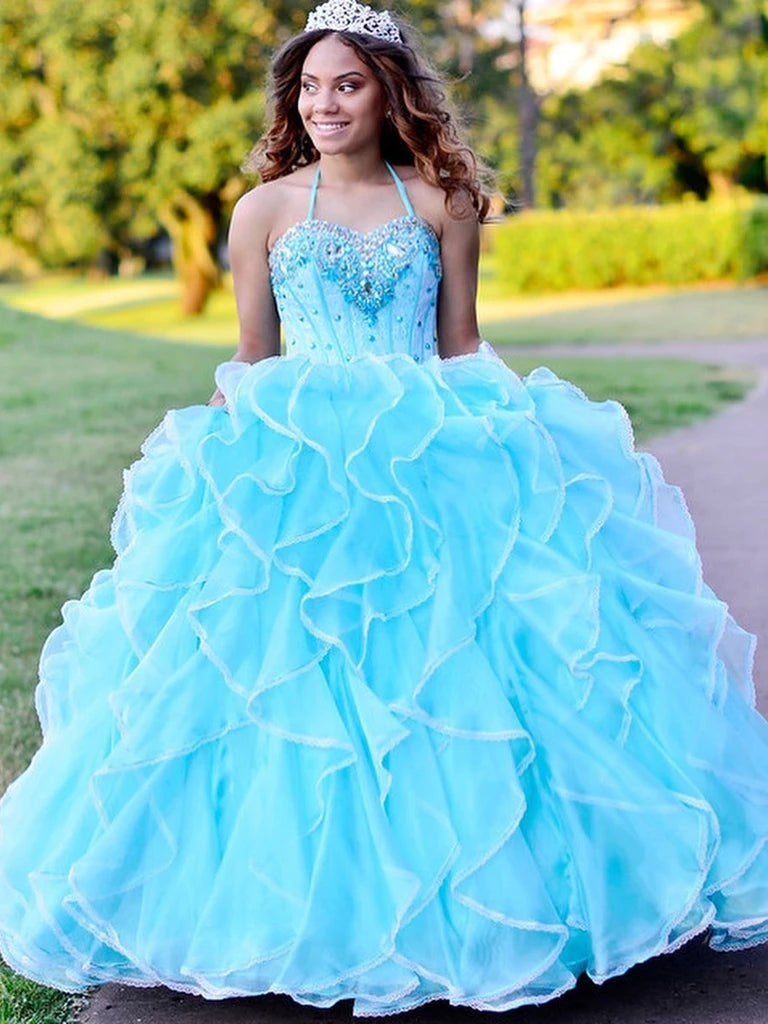 Halter Tulle Ball Gown Quineanera Dresses With Rhinestones VK0126008
