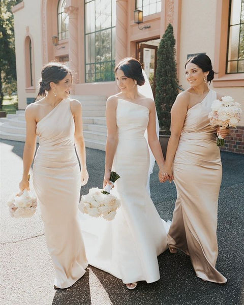Mermaid One Shoulder Champagne Satin Bridesmaid Dresses VK22072901