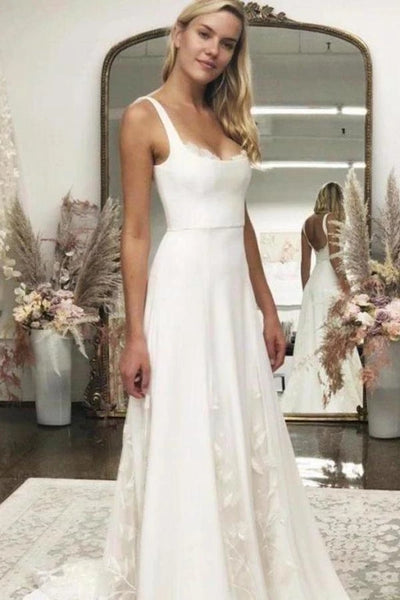 Free Shipping Elegant A-Line Square Neck White Chiffon Wedding Dresses with Lace VK0120020