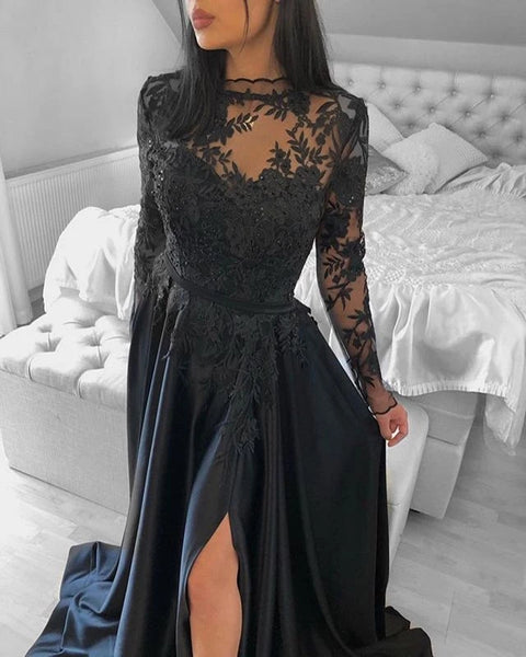 Free Shipping Elegant A-Line High Neck Black Satin Lace Long Prom Evening Dresses with Split,Formal Party Dresses VK0502007