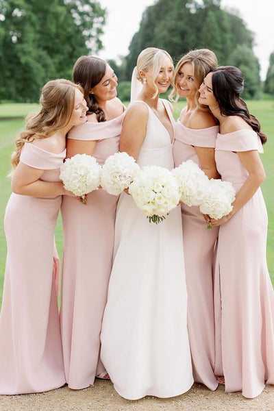 Simple Mermaid Off the Shoulder Light Pink Long Bridesmaid Dresses VK23112501