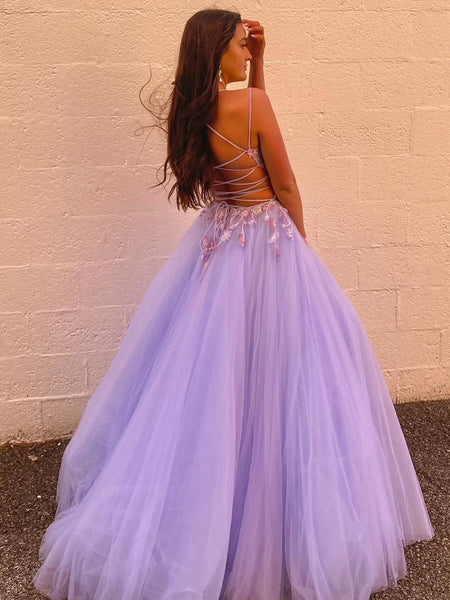 Cute A Line V Neck Lavender Tulle Long Prom Dresses with Appliques VK112302