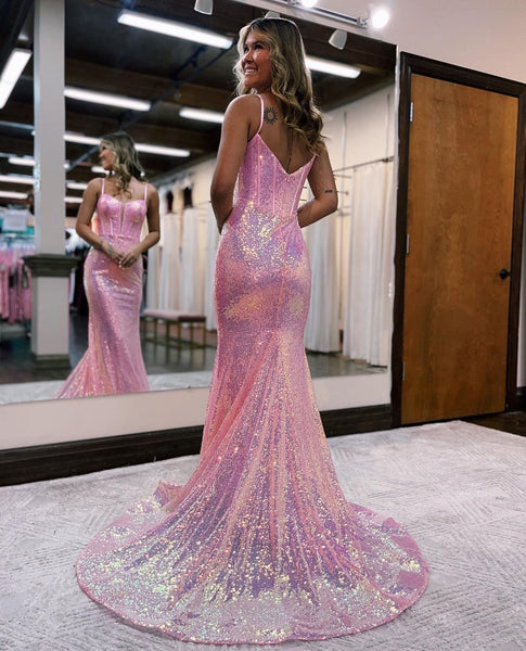 Cute Mermaid V Neck Light Pink Sequines Prom Dresses VK23040401