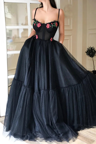 Free Shipping Charming Spaghetti Straps Black Tulle Pockets Prom Dresses with Appliques, Dance Dress VK0125012