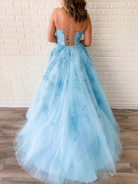 A-Line Scoop Neck Cross Back Sky Blue Tulle Long Prom Dresses with Appliques