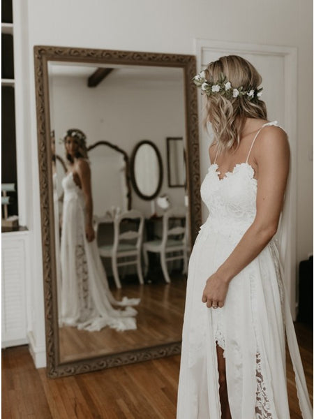 Gorgeous A-Line Spaghetti Straps Backless Hi-Low White Lace Wedding Dress VK011009