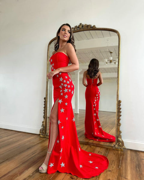 Charming Mermaid Strapless Red Satin Long Prom Dresses with Slit VK23012701
