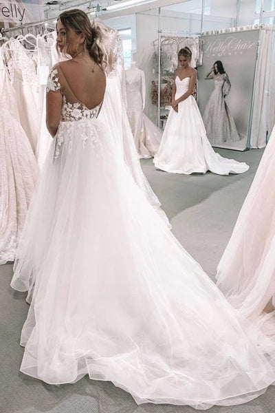 Elegant A-Line Boat Neck Ivory Tulle Wedding Dresses With Appliques Wedding Gown VK0206003