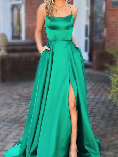 Charming Scoop Neck Spaghetti Straps Neckline Sweep Train A-line Prom Dresses With Slit VK0105003