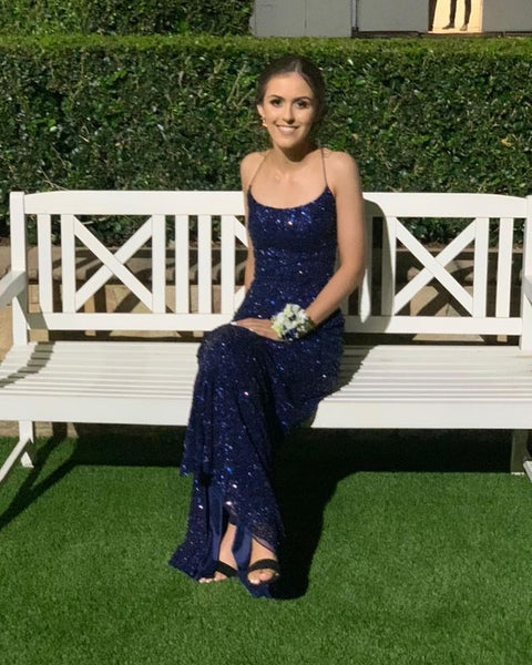 Sparkly Mermaid Scoop Neck Navy Sequins Long Prom Dresses with Slit VK111501