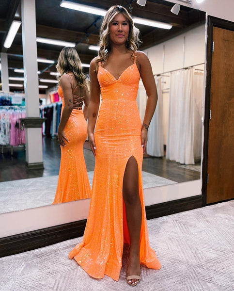 Cute Mermaid V Neck Orange Sequins Long Prom Dresses with Slit VK23011901
