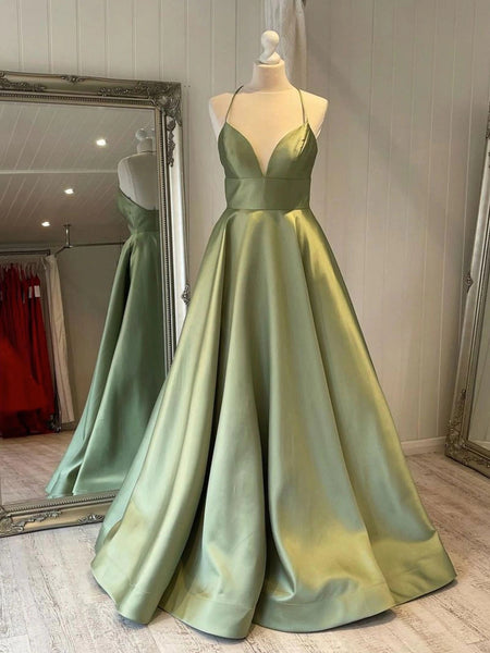 Free Shipping Modern A-Line Halter Sage Green Satin Long Prom Dresses VK0320004