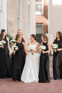 Simple A-Line Round Neck Black Satin Long Bridesmaid Dresses VK23112504