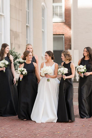 Simple A-Line Round Neck Black Satin Long Bridesmaid Dresses VK23112504