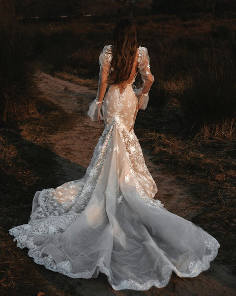 Fairy Mermaid V Neck Long Sleeves Lace Wedding Dresses VK122405