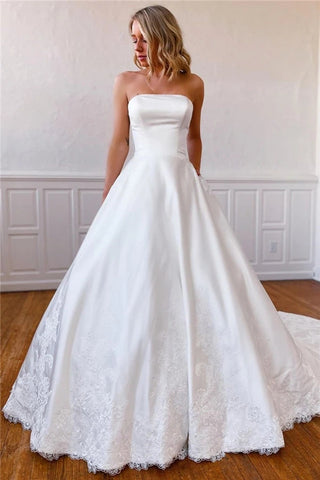 Lace Appliques Long Strapless White Wedding Dress with Pockets VK0316009