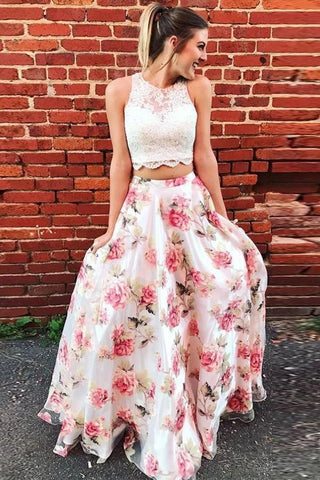 Two Piece Round Neck Floral Long Lace A Line Sleeveless Graduation Prom Dresses VK0119033