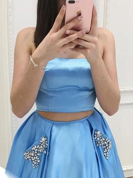 A-Line Two Piece Sky Blue Satin Prom Dresses with Beaded Pockets VK0115020