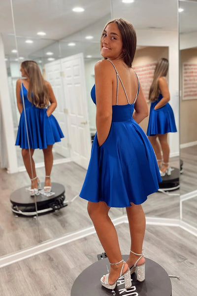 Royal Blue A-Line Spaghetti Straps Short Homecoming Dress with Pockets VK23062308