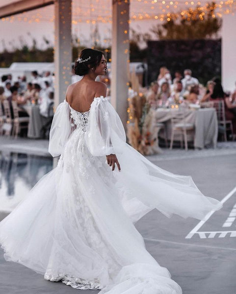 Luxurious Mermaid Lace Wedding Dresses with Ruffled Sleeves, Removable Tulle Train VKWD072902